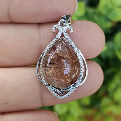 จี้ไหมนาค Rutilated Quartz 21.48 กะรัต Cts. ตัวเรือนเป็นโรเดียม ชุบ White Gold